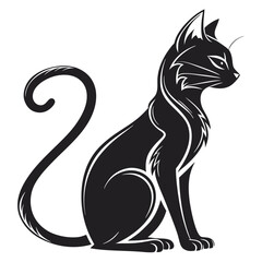 Elegant Silhouette of a Sitting Cat with Curled Tail and Decorative Linework