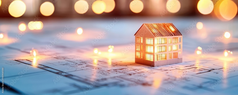 Aufkleber Building house on blueprint with a focus on architecture and vignetting concept. A model house on blueprints illuminated by soft glowing lights.