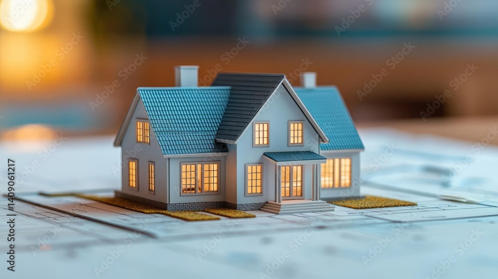 Poster Building house on blueprint with vignetting and construction concept. A detailed miniature house model on a blueprint, showcasing design.
