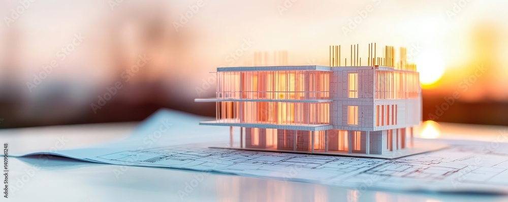 Aufkleber Building house on blueprint with a focus on architecture and vignetting concept. A model building on a blueprint, showcasing modern architecture.