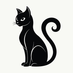 Elegant Silhouette of Sitting Black Cat with Curled Tail and Detailed Facial Features