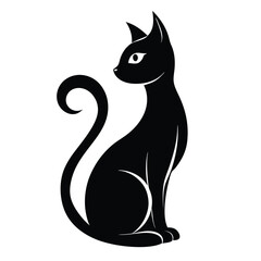 Elegant Silhouette Seated Black Cat with Curled Tail and Expressive Eye on White