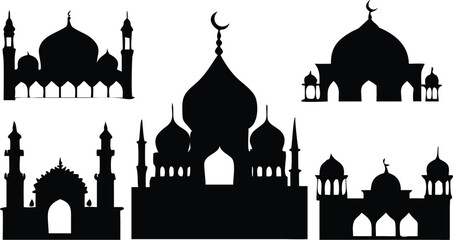 Islamic Mosque Silhouette Vector – Traditional Black Mosque Icon with Crescent Domes for Eid, Ramadan & Religious Designs