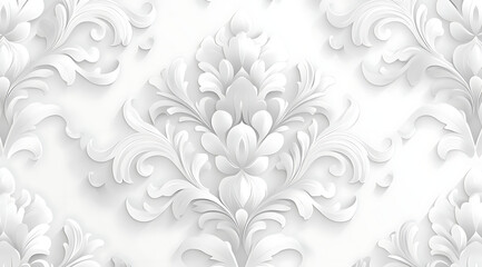 Seamless pattern, light gray damask texture on a white background, elegant, vector illustration, flat design.