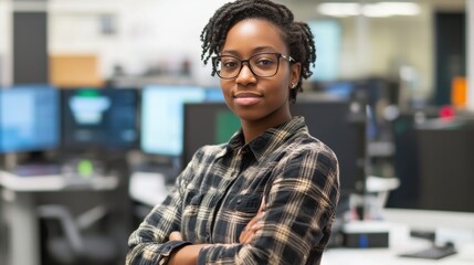 Confident Young Woman in Plaid Shirt Standing with Arms Crossed in Modern Office Setting Surrounded by Computer Monitors and Professional Equipment