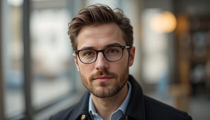 Obraz premium Portrait of a Young Man with Glasses: Serious Expression, Casual Style