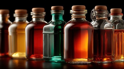 Vibrant collection of colorful liquids in glass bottles with wooden stoppers