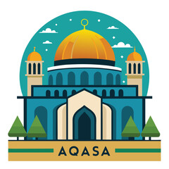 Elegant Mosque Emblem Vector – Islamic Badge Design with Crescent Moon, Domes, and Minarets for Eid and Ramadan