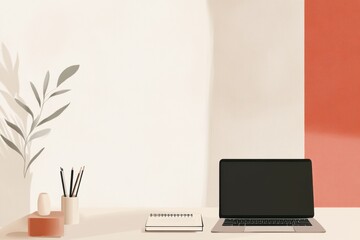 Modern Workspace with Laptop, Notebook, and Minimalist Decor Elements