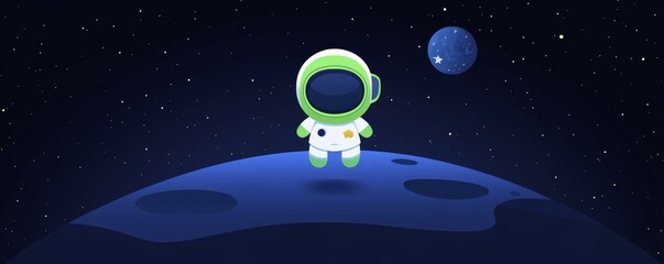 Fototapeta premium In the vast expanse of the vibrant cosmos, a cute green alien is seen flying its spaceship