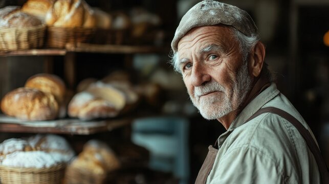 Elderly Baker with White Beard in Artisan Bakery Surrounded by Freshly Baked Bread and Warm Atmosphere, Portrait of Dedicated Craftsman at Work - Powered by Adobe