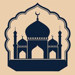 Elegant Mosque Emblem Vector – Islamic Badge Design with Crescent Moon, Domes, and Minarets for Eid and Ramadan