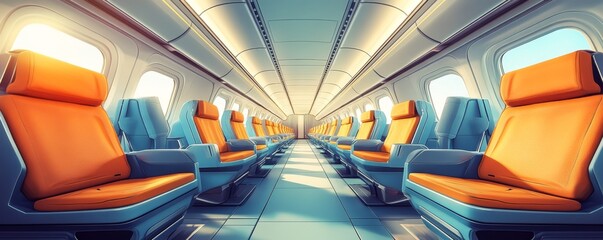 The interior of an airplane cabin is illustrated in pixel art, showcasing teal and orange seats and a daytime sky outside