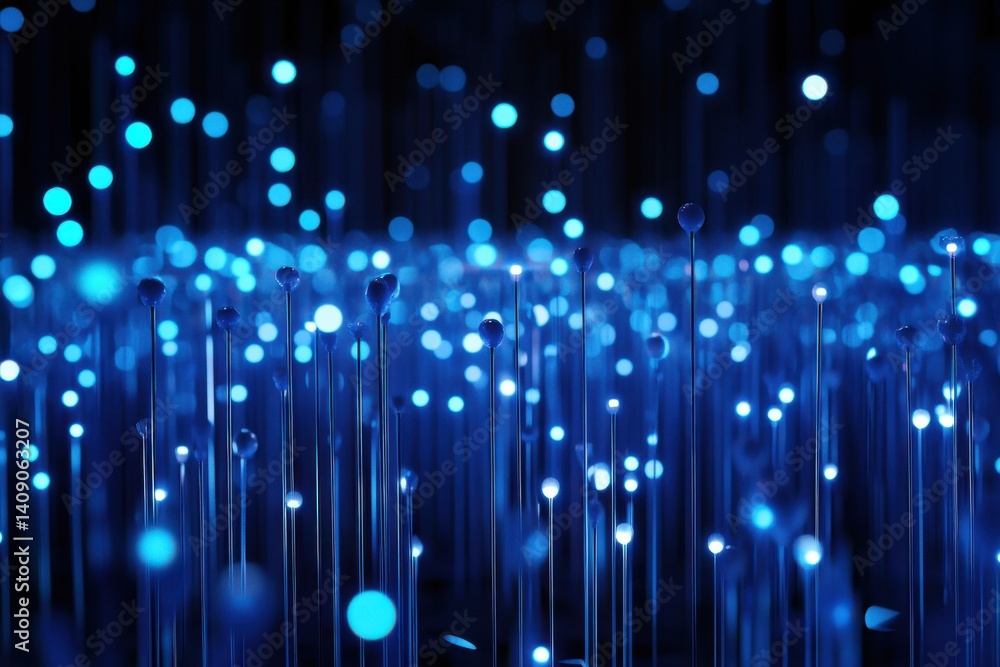 Poster a field of glowing blue orbs on thin stalks against a dark background with bokeh lights above them a