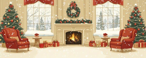 A beautifully decorated Christmas tree and a warm fireplace create a cozy atmosphere in the living room
