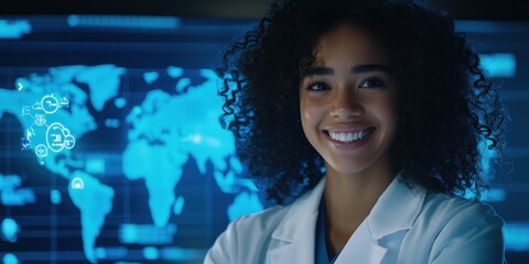 Portrait of smiling woman in lab coat in front of digital world map with cloud icons overlayed