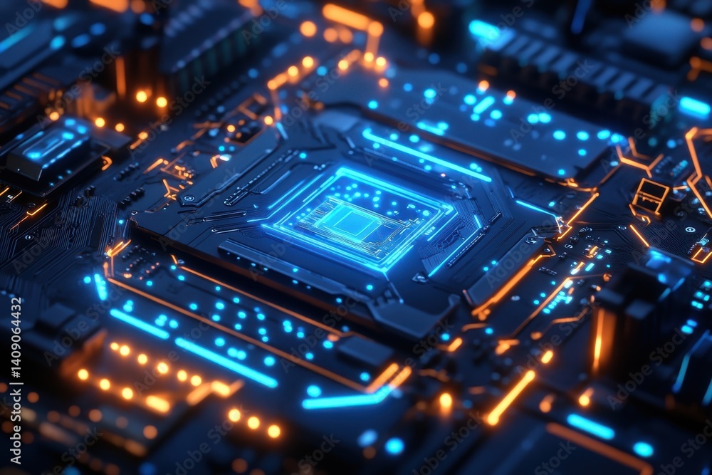 Aufkleber a close up view of a computer chip with blue and orange lights highlighting the intricate circuitry