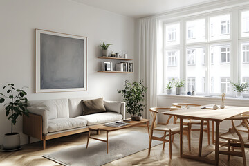 Scandinavian-style living room interior with a sofa, wooden table, and chairs near a window in a white apartment. 