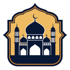 Elegant Mosque Emblem Vector – Islamic Badge Design with Crescent Moon, Domes, and Minarets for Eid and Ramadan