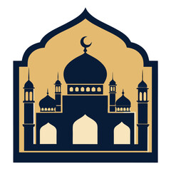 Elegant Mosque Emblem Vector – Islamic Badge Design with Crescent Moon, Domes, and Minarets for Eid and Ramadan