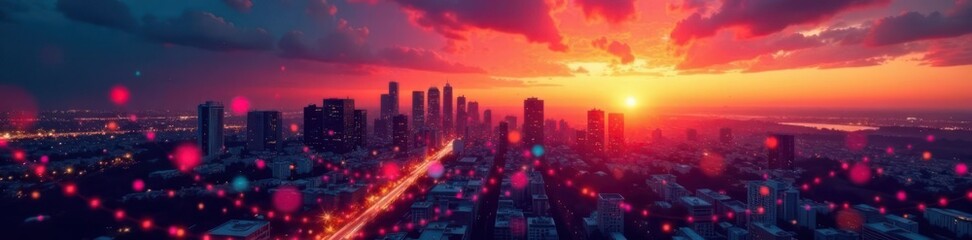 Fototapeta premium Colorful dots and patterns on a cityscape at sunset, sunset, pop art