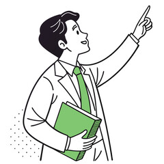Line Art Asian Man in Suit Pointing Upward, Green Tie & Folder, Looking Upward