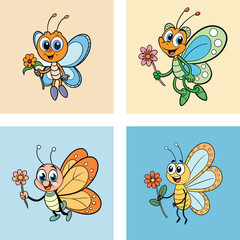 Cartoon Butterfly Characters Holding Flowers Vector Illustration Set For Kids