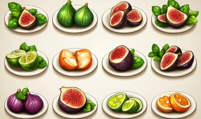 Naklejka premium Purple, green, and brown pixel art figurines are showcased on an assortment of plates and bowls