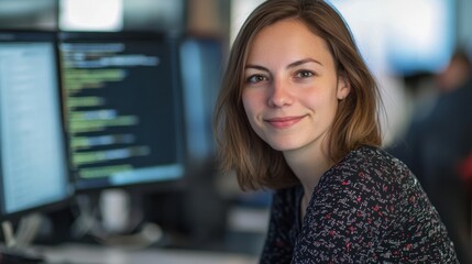 Young woman smiling at camera while working in modern office environment with computer screens displaying code in the background, showcasing a tech-savvy atmosphere