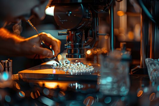 A jeweler in a well-lit workshop with an AI assistant as a holographic display of gem patterns, creating intricate pieces. Traditional meets modern. AIG60