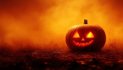 Fototapeta premium A carved pumpkin with glowing eyes sits in a foggy field, creating an eerie atmosphere.