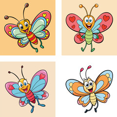 Cheerful Cartoon Butterfly Characters With Heart Wing Patterns Illustration