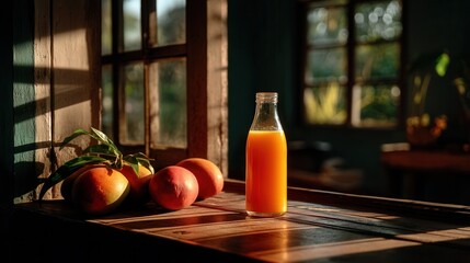 Peaceful fresh peach juice and fruit in morning sunlight