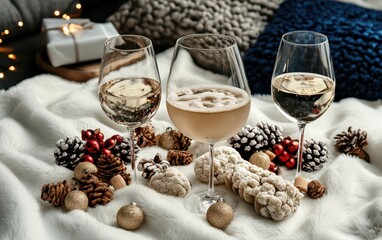 Fototapeta premium Two wine glasses and cookies rest on a cozy blanket, perfect for a relaxing moment.
