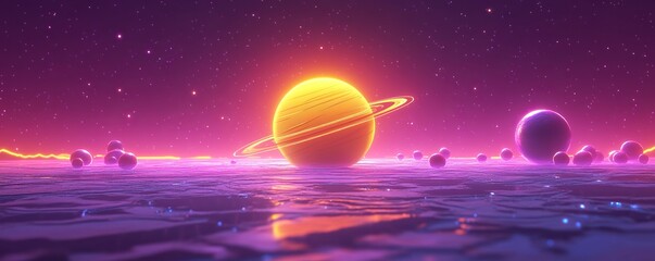 Fototapeta premium In a purple space, a golden planet shines bright, its beauty accentuated by rings, all depicted in a unique pixel art aesthetic