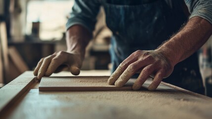Carpenter sanding wooden surfaces in a workshop. Featuring precision and skill