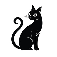 Minimalist Black Cat Silhouette Sitting Upright On White Background, Stylish Feline