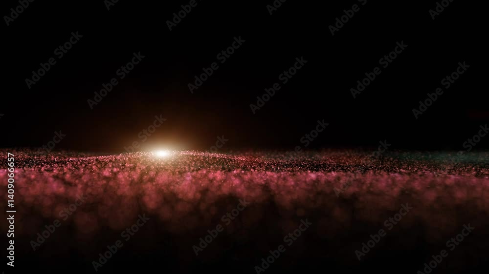 Poster abstract loop dotted waves travel with red glowing spot light and lens flare animation background.