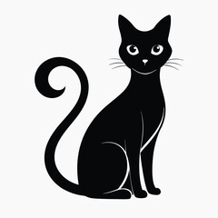 Minimalist Black Cat Silhouette. Sitting Feline with Bold Tail and White Eyes Detail