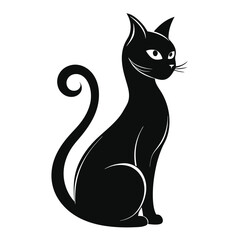 Minimalist Black Cat Sitting Silhouette, Curled Tail, White Background, Animal Design