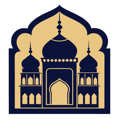 Elegant Mosque Emblem Vector – Islamic Badge Design with Crescent Moon, Domes, and Minarets for Eid and Ramadan