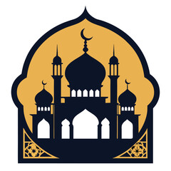 Elegant Mosque Emblem Vector – Islamic Badge Design with Crescent Moon, Domes, and Minarets for Eid and Ramadan