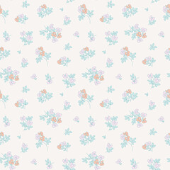 Flower print, seamless floral pattern, cute ditsy tile print, gentle flowers pattern. Botanical surface design, small hand drawn flowers, green leaves, bouquets on light background, floral Vector