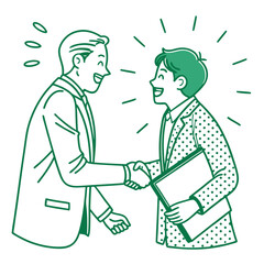 Minimalist Line Art of Two Smiling Asian Businessmen Shaking Hands in Agreement
