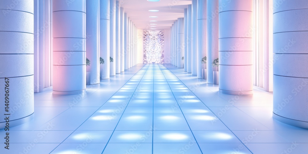 Poster long hallway lined with columns and lights on both sides creates a striking architectural view.