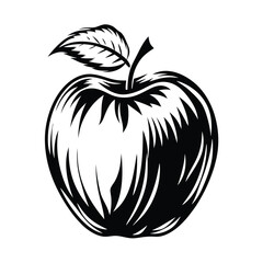 Monochrome Apple Illustration, One Leaf, Black and White Fruit, Minimalist Style Design