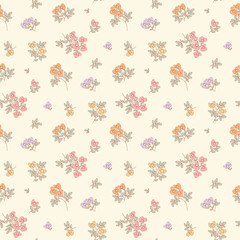Flower print, seamless floral pattern, cute ditsy tile print, gentle flowers pattern. Botanical surface design, small hand drawn flowers, green leaves, bouquets on light background, floral Vector