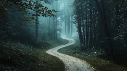 Fototapeta premium Winding path through a mystical, misty forest.