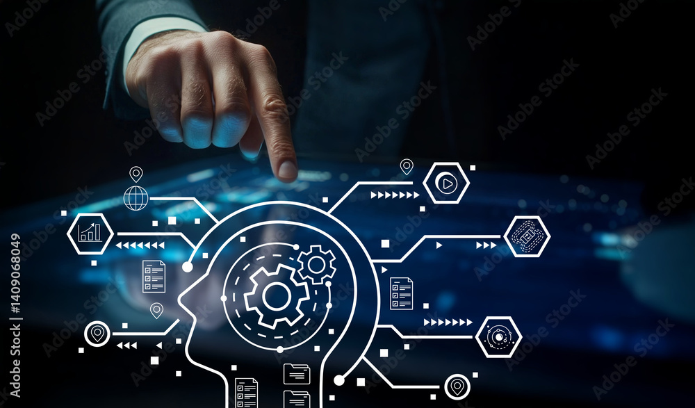 Poster business professional engaging with digital technology, conceptual interface representing artificial