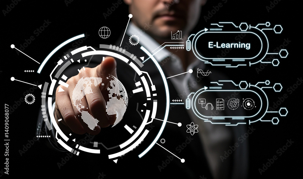 Poster handsome professional man interacting with digital global map and e-learning icons in a high-tech en